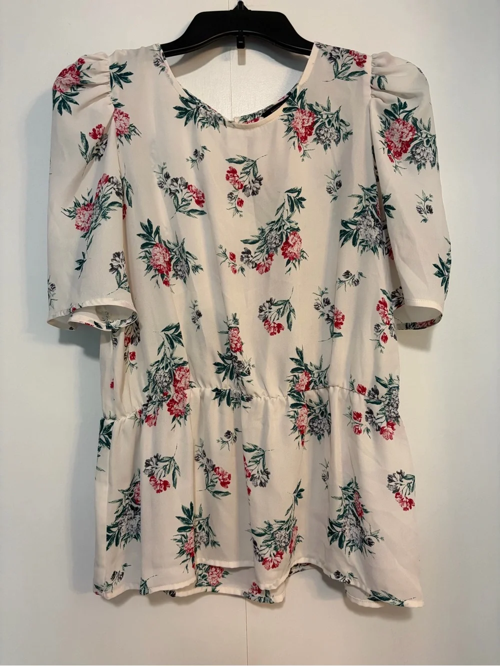 Banana Republic Cream Floral Puff-Sleeve Peplum Blouse M